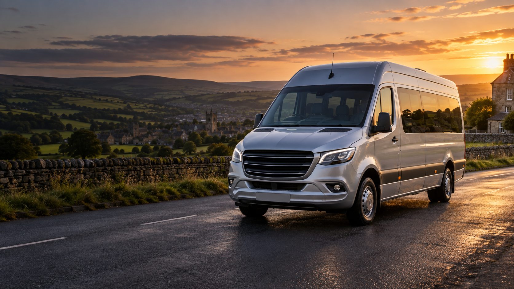 Private minibus travelling through West Yorkshire